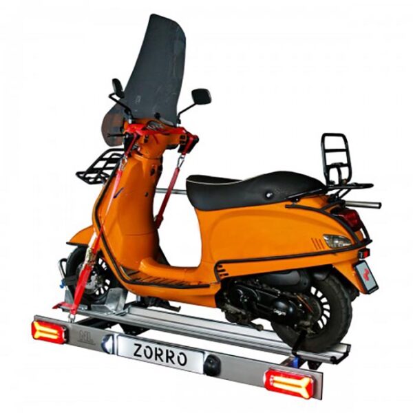 Porte-moto pliable Zorro - scooter chargé - plaque feu led
